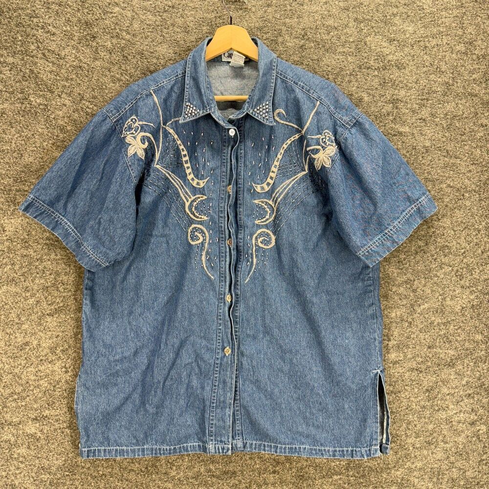 Capistrano Shirt Women 18/20 Plus Blue Denim Dark Wash Button Up Embroidered